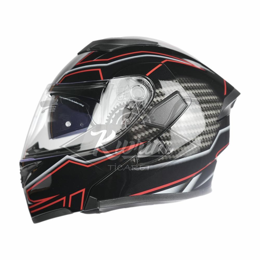 KC - ÇENE AÇILIR VİZÖRLÜ KASK [KC902] [SİYAH - KIRMIZI - KARBON] [M]
