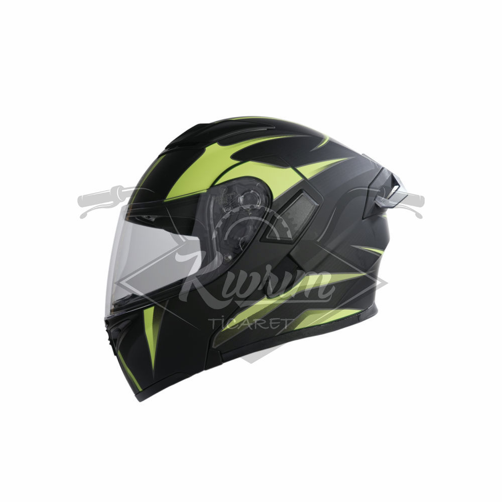 KC-ÇENE AÇILIR VİZÖRLÜ KASK [KC902B] MAT SİYAH - NEON YEŞİL [L] E BELGELİ