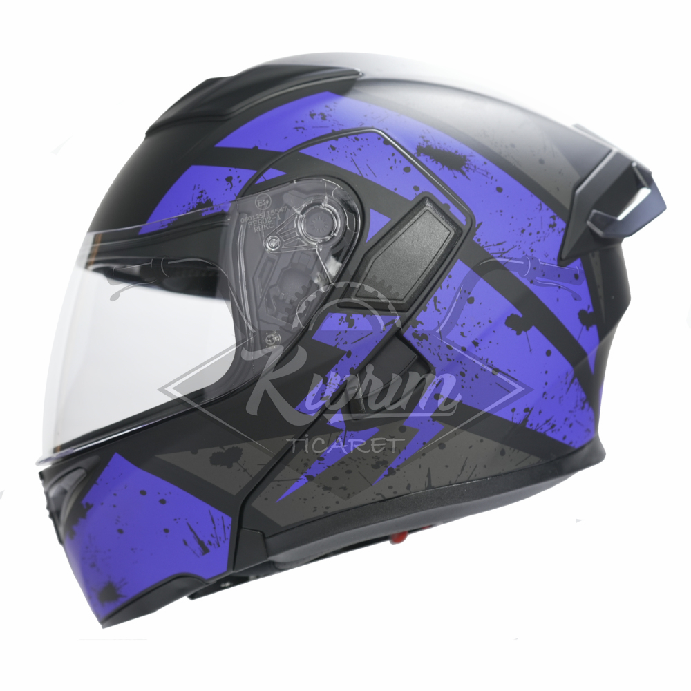 KC-ÇENE AÇILIR VİZÖRLÜ KASK [KC902B] SİYAH - MAVİ [XL] E BELGELİ
